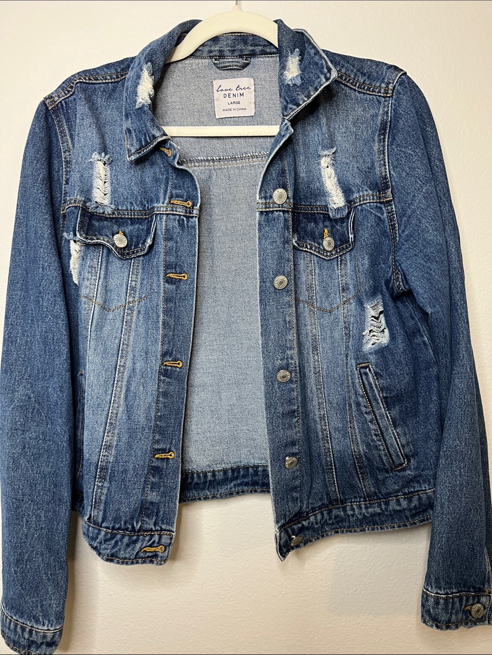 Love Tree Medium Blue Distressed Denim Jacket - Women's